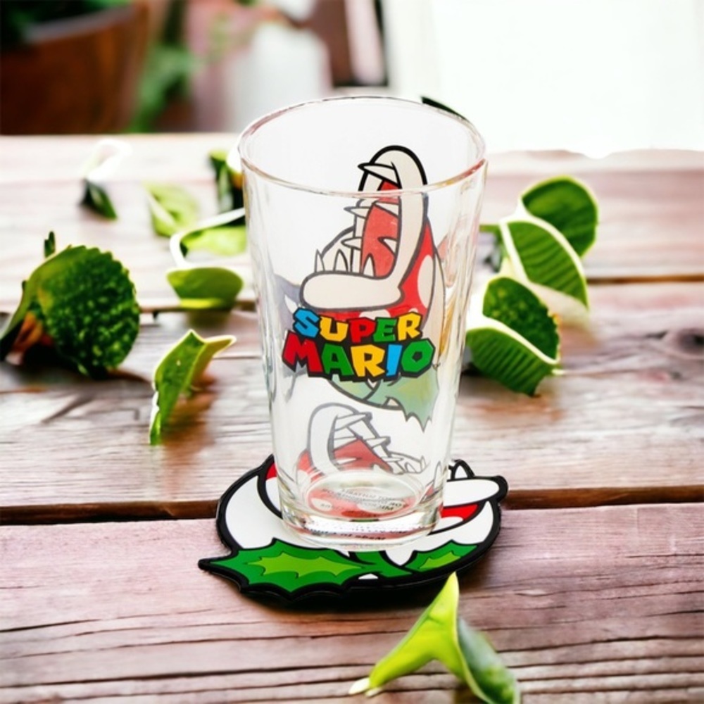 Super Mario Villain Piranha Plant 16oz Glass Cup and Coaster Set
